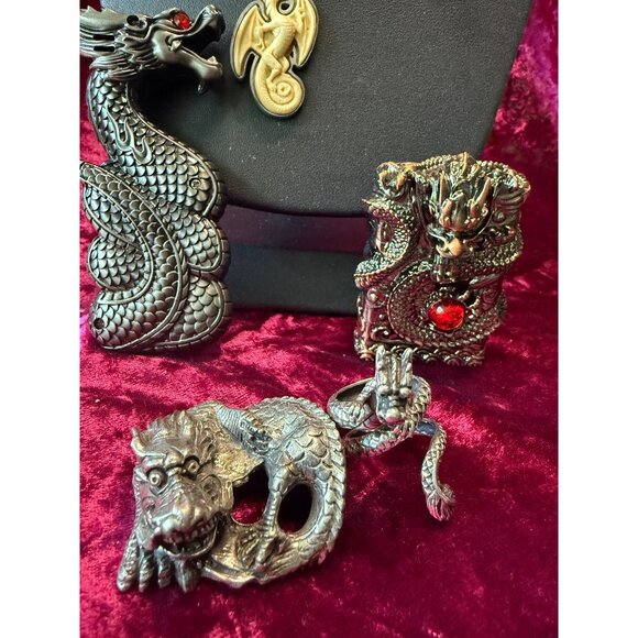Dragon-Themed Collectible Set: Pewter Figurine , 1 Ring, 2 Lighters & 2 Pendants - Picture 2 of 13